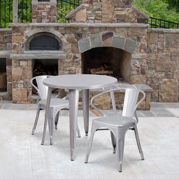 Emma + Oliver Commercial 30" Round Silver Metal Indoor-Outdoor Table Set with 2 Arm Chairs