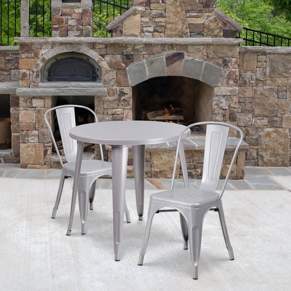 Emma + Oliver Commercial 30" Round Silver Metal Indoor-Outdoor Table Set with 2 Cafe Chairs