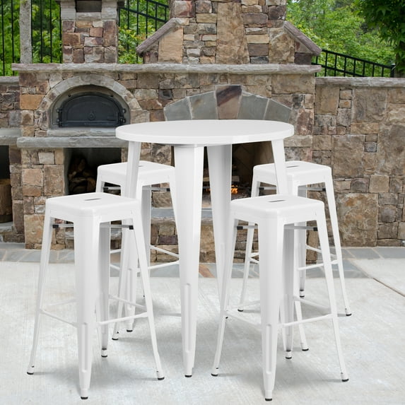 Emma + Oliver Commercial 30" Round White Metal Bar Table Set-4 Square Seat Backless Stools