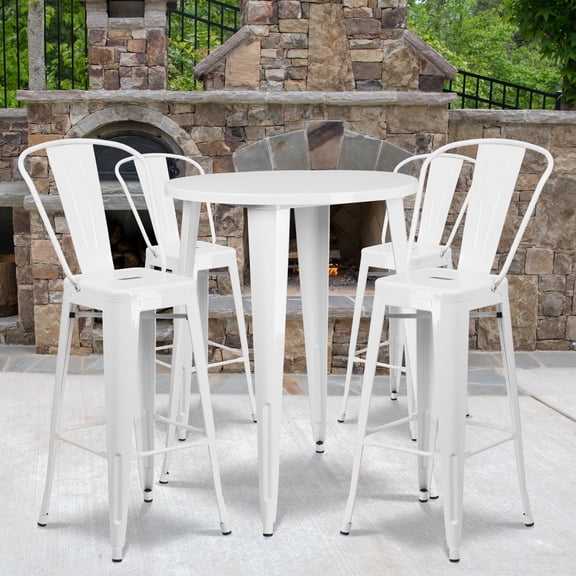 Emma + Oliver Commercial 30" Round White Metal Indoor-Outdoor Bar Table Set-4 Cafe Stools