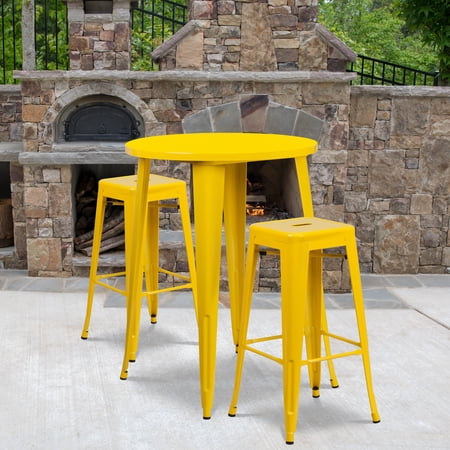Emma + Oliver Commercial 30" Round Yellow Metal Bar Table Set-2 Square Seat Backless Stools