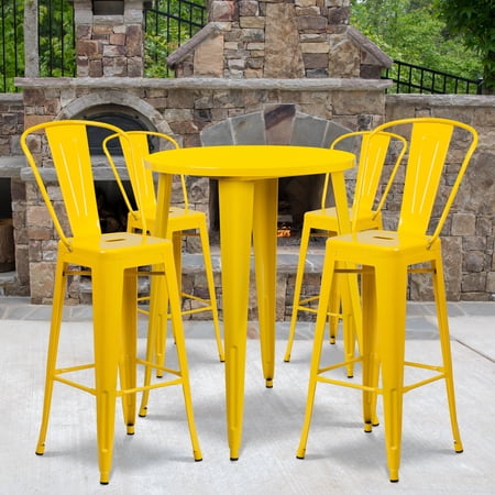 Emma + Oliver Commercial 30" Round Yellow Metal Indoor-Outdoor Bar Table Set-4 Cafe Stools