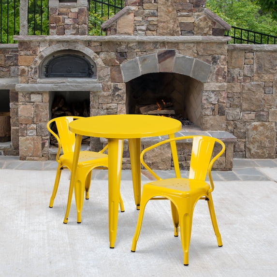 Emma + Oliver Commercial 30" Round Yellow Metal Indoor-Outdoor Table Set with 2 Arm Chairs