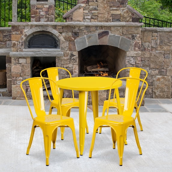 Emma + Oliver Commercial 30" Round Yellow Metal Indoor-Outdoor Table Set with 4 Cafe Chairs