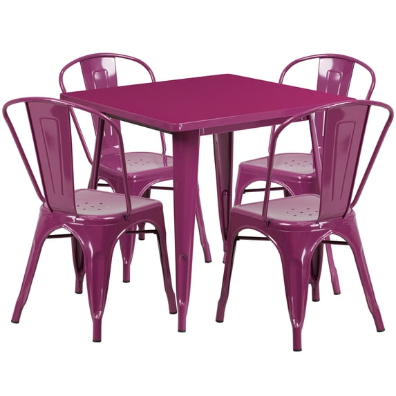 Emma + Oliver Commercial 31.5" Square Purple Metal Indoor-Outdoor Table Set-4 Stack Chairs