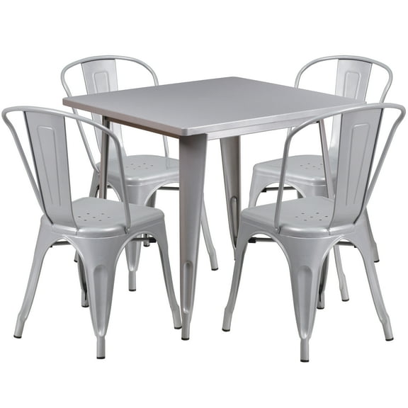 Emma + Oliver Commercial 31.5" Square Silver Metal Indoor-Outdoor Table Set-4 Stack Chairs