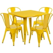 Emma + Oliver Commercial 31.5" Square Yellow Metal Indoor-Outdoor Table Set-4 Stack Chairs