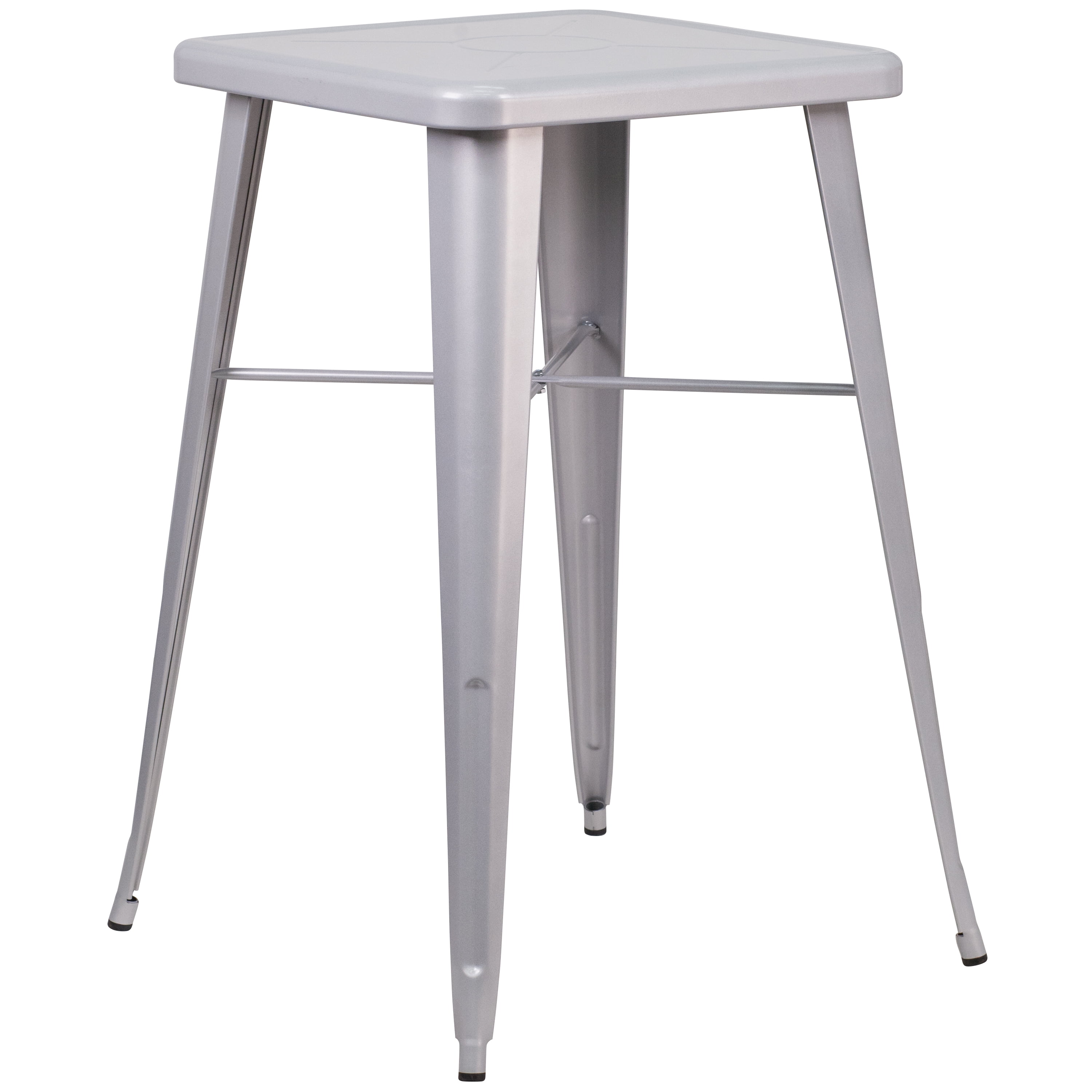 Silver Metal Indoor-Outdoor Bar Height Table with Cross-Brace