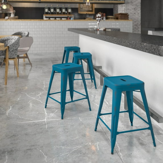 Emma + Oliver Commercial Grade 24"H Backless Distressed Blue Metal Indoor-Outdoor Stool