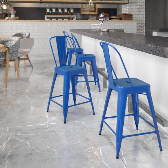 Emma + Oliver Commercial Grade 24"H Blue Metal Indoor-Outdoor Counter Height Stool w/ Back