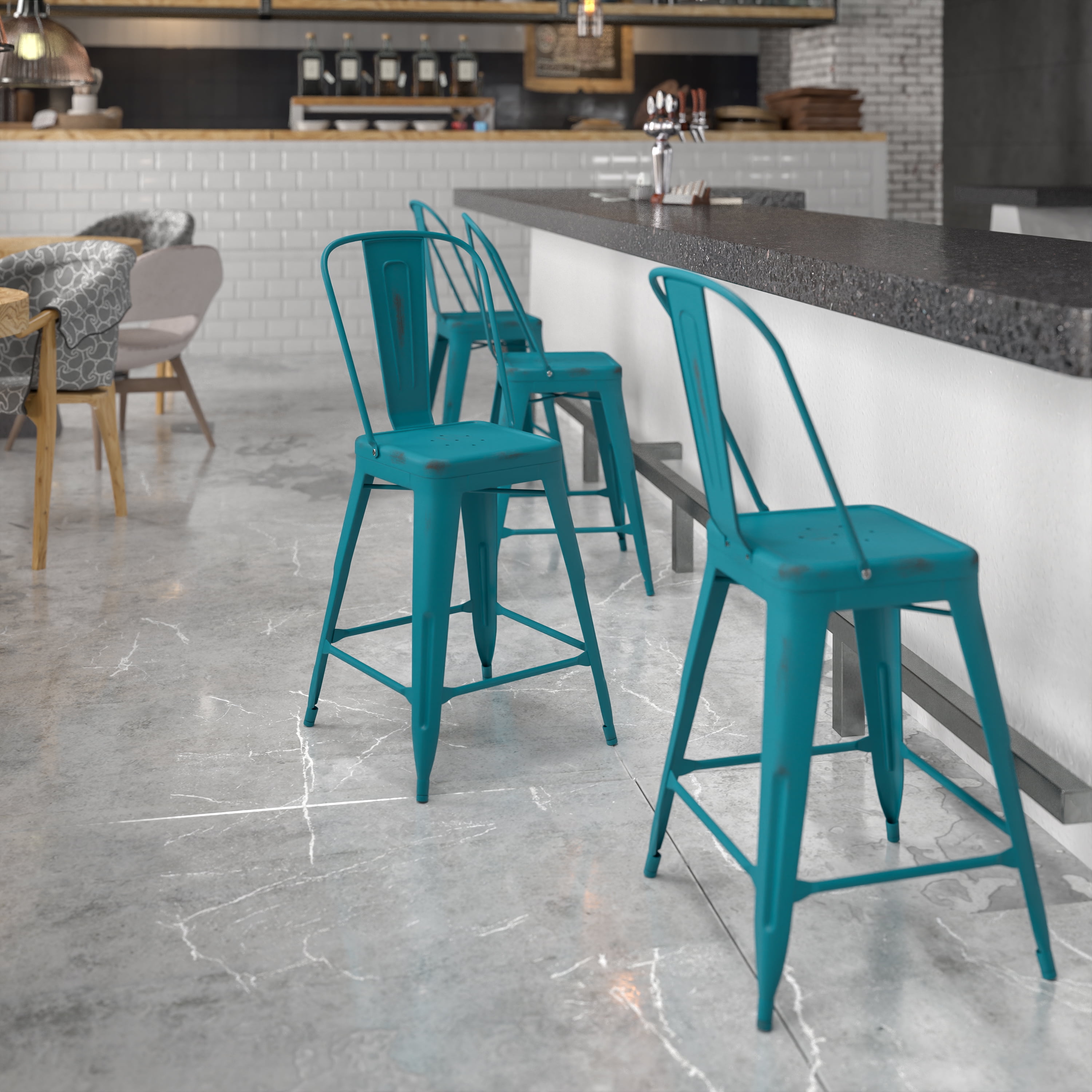 24" Distressed Blue-Teal Metal Indoor-Outdoor Counter Stool