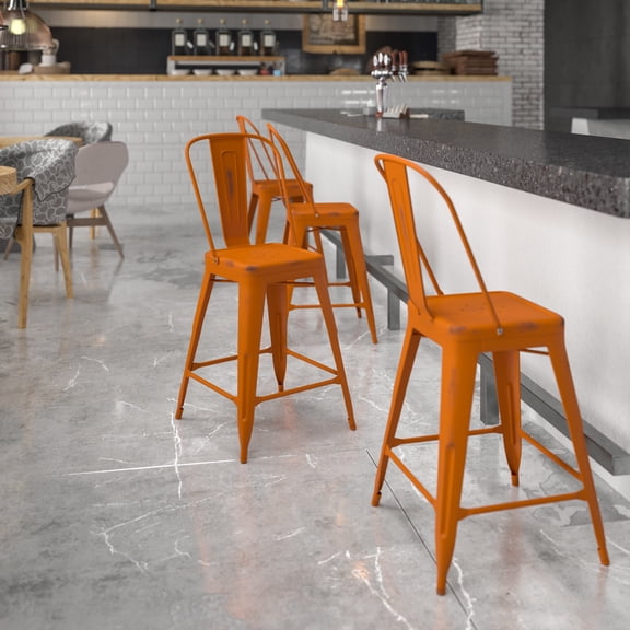 Emma + Oliver Commercial Grade 24"H Distressed Orange Metal Indoor-Outdoor Counter Stool