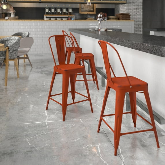 Emma + Oliver Commercial Grade 24"H Distressed Red Metal Indoor-Outdoor Counter Stool
