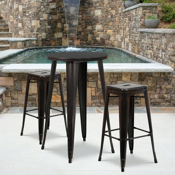 Emma + Oliver Commercial Grade 24" Round Antique Metal Bar Table Set-2 Backless Stools