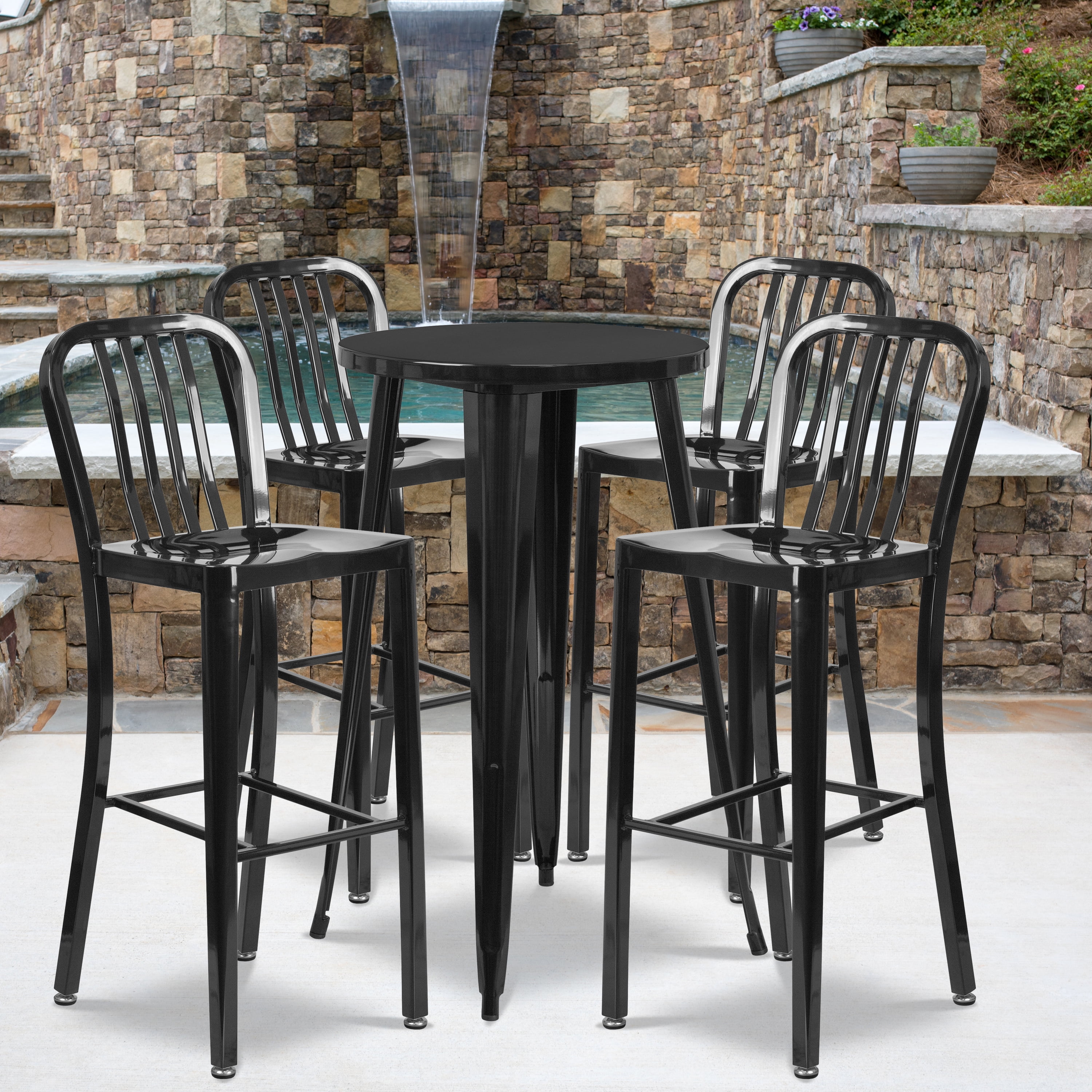 Emma + Oliver Commercial Grade 24" Round Black Metal Bar Table Set4