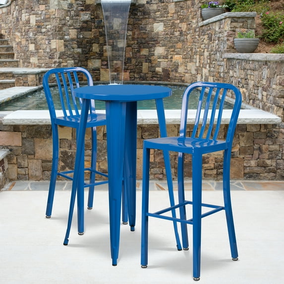 Emma + Oliver Commercial Grade 24" Round Blue Metal Bar Table Set-2 Vertical Slat Back Stools