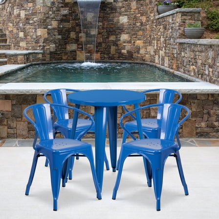 Emma + Oliver Commercial Grade 24" Round Blue Metal Indoor-Outdoor Table Set with 4 Arm Chairs