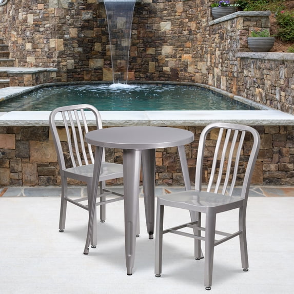Emma + Oliver Commercial Grade 24" Round Silver Metal Table Set-2 Vertical Slat Back Chairs