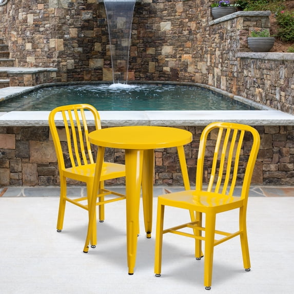 Emma + Oliver Commercial Grade 24" Round Yellow Metal Table Set-2 Vertical Slat Back Chairs