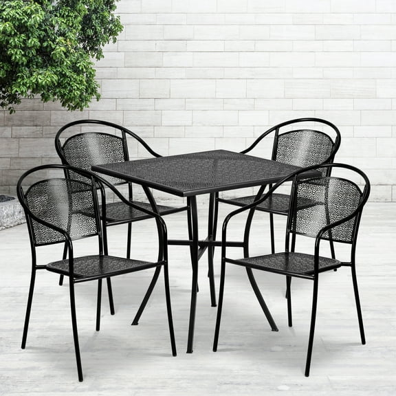 Emma + Oliver Commercial Grade 28" Square Black Patio Table Set-4 Round Back Chairs