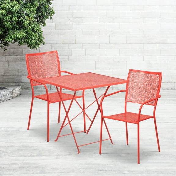 Emma + Oliver Commercial Grade 28" Square Coral Folding Patio Table Set-2 Square Back Chairs