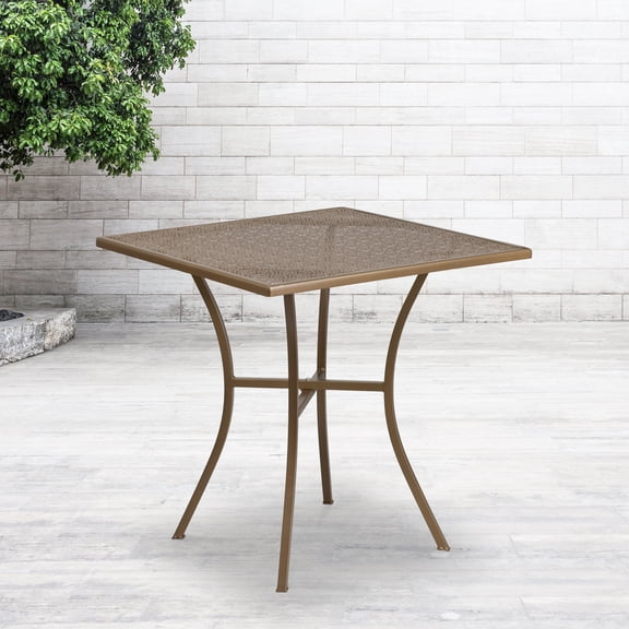 Emma + Oliver Commercial Grade 28" Square Gold Indoor-Outdoor Steel Patio Table