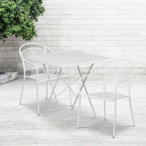 Emma + Oliver Commercial Grade 28" Square White Folding Patio Table Set-2 Round Back Chairs
