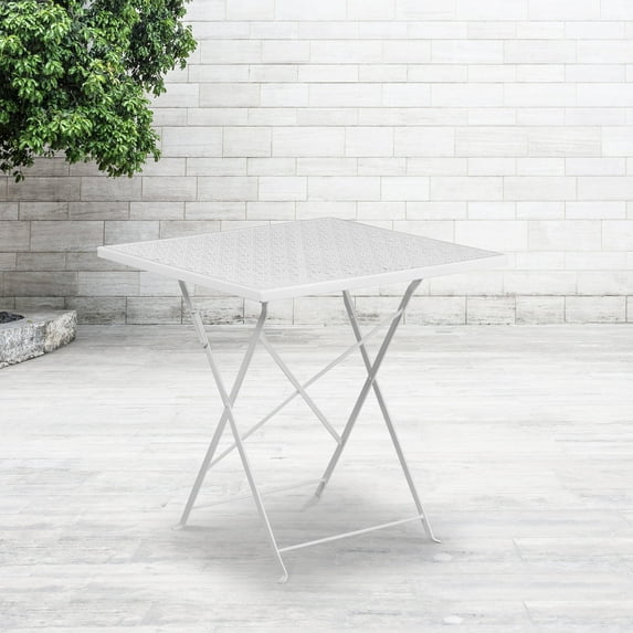 Emma + Oliver Commercial Grade 28" Square White Indoor-Outdoor Steel Folding Patio Table