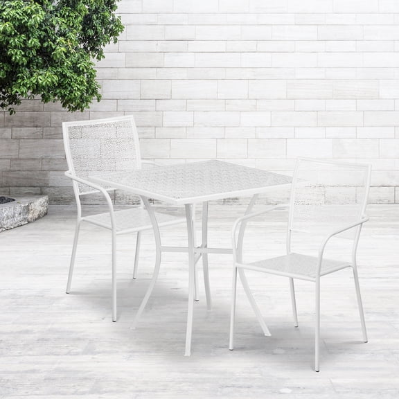 Emma + Oliver Commercial Grade 28" Square White Patio Table Set-2 Square Back Chairs