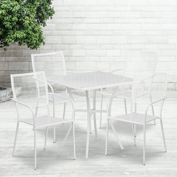 Emma + Oliver Commercial Grade 28" Square White Patio Table Set-4 Square Back Chairs