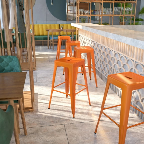 Emma + Oliver Commercial Grade 30"H Backless Orange Metal Indoor-Outdoor Barstool, Square