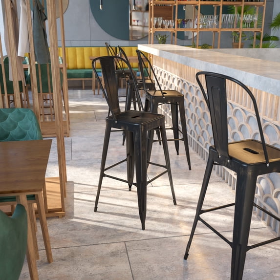 Emma + Oliver Commercial Grade 30"H Black-Gold Metal Indoor-Outdoor Barstool with Back