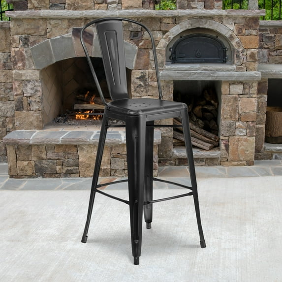 Emma + Oliver Commercial Grade 30"H Distressed Black Metal Indoor-Outdoor Barstool w/ Back