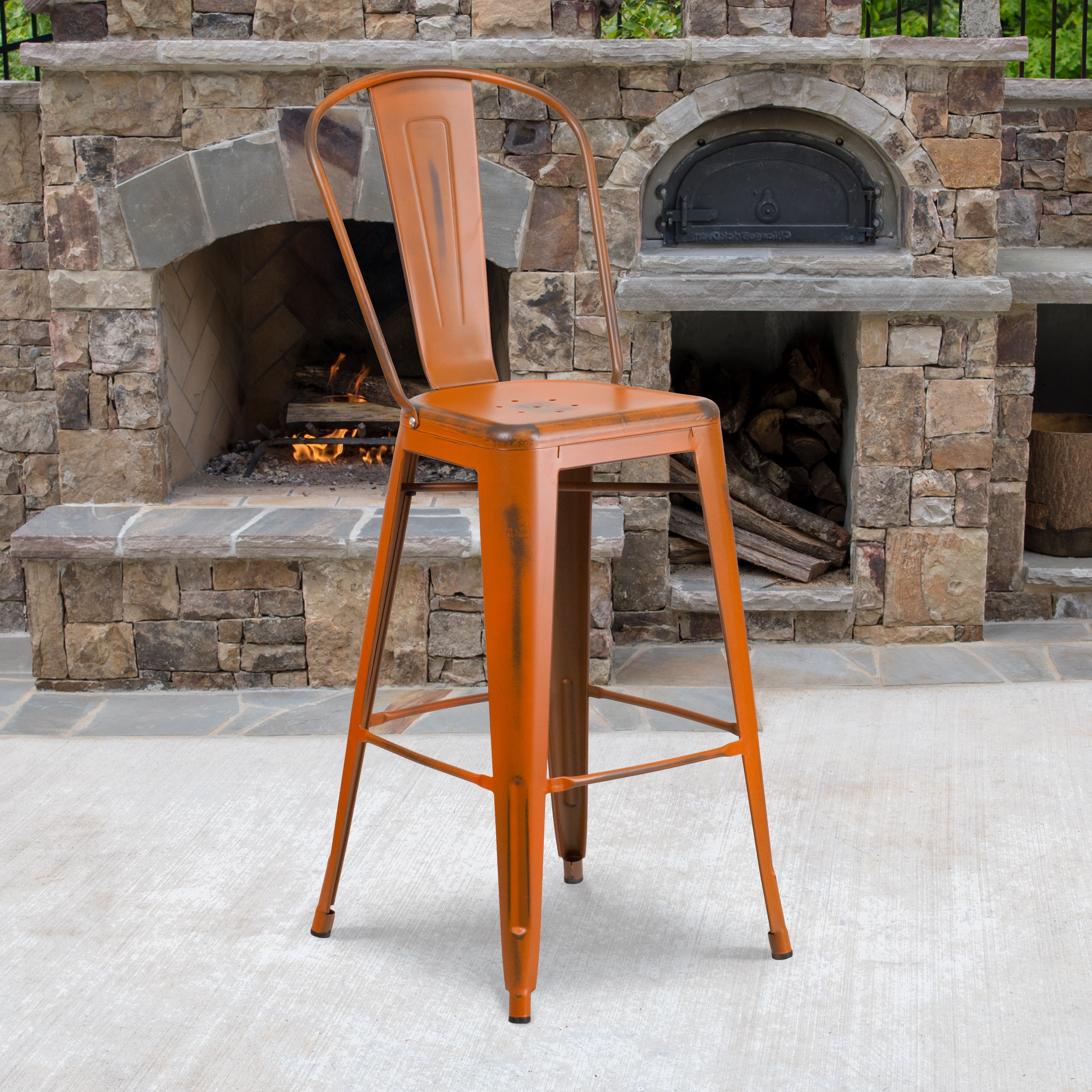 Distressed Orange Metal Indoor-Outdoor Barstool with Back