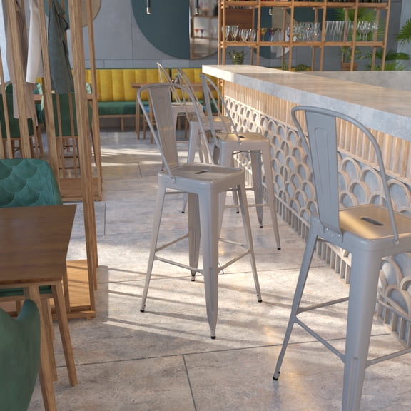 Emma + Oliver Commercial Grade 30"H Silver Metal Indoor-Outdoor Barstool with Back