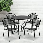 Emma + Oliver Commercial Grade 30" Round Black Folding Patio Table Set-4 Round Back Chairs