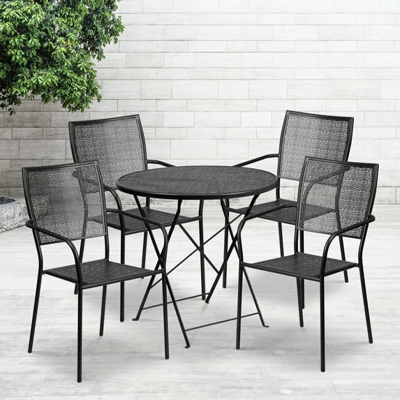 Emma + Oliver Commercial Grade 30" Round Black Folding Patio Table Set-4 Square Back Chairs