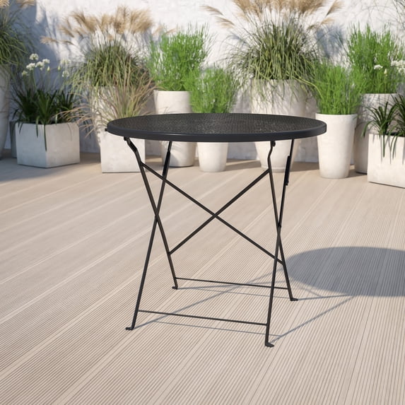 Emma + Oliver Commercial Grade 30" Round Black Indoor-Outdoor Steel Folding Patio Table