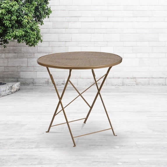 Emma + Oliver Commercial Grade 30" Round Gold Indoor-Outdoor Steel Folding Patio Table