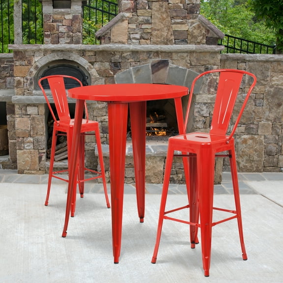 Emma + Oliver Commercial Grade 30" Round Red Metal Indoor-Outdoor Bar Table Set-2 Cafe Stools