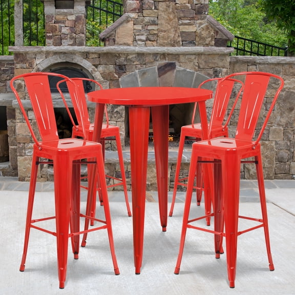Emma + Oliver Commercial Grade 30" Round Red Metal Indoor-Outdoor Bar Table Set-4 Cafe Stools