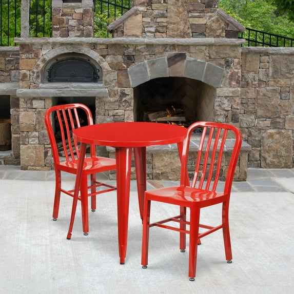 Emma + Oliver Commercial Grade 30" Round Red Metal Table Set-2 Vertical Slat Back Chairs
