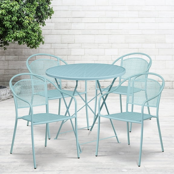 Emma + Oliver Commercial Grade 30" Round Sky Blue Folding Patio Table Set-4 Round Back Chairs
