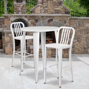 Emma + Oliver Commercial Grade 30" Round White Metal Bar Table Set-2 Vertical Slat Back Stools