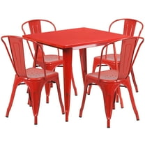 Emma   Oliver Commercial Grade 31.5" Square Red Metal Indoor-Outdoor Table Set-4 Stack Chairs