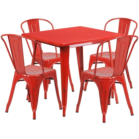 Emma + Oliver Commercial Grade 31.5" Square Red Metal Indoor-Outdoor Table Set-4 Stack Chairs