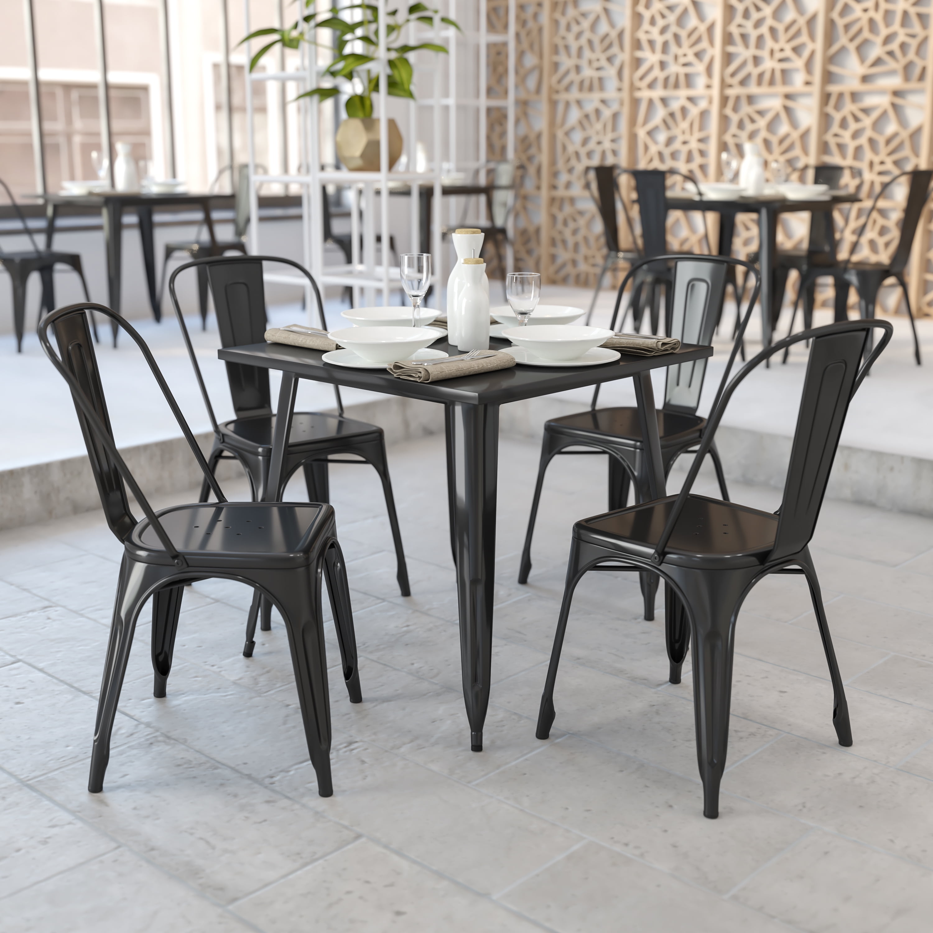 Black Metal Indoor-Outdoor Square Dining Table with Weather-Resistant Finish