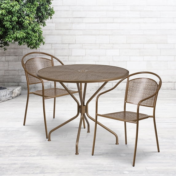 Emma + Oliver Commercial Grade 35.25" Round Gold Patio Table Set-2 Round Back Chairs