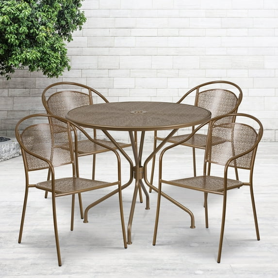 Emma + Oliver Commercial Grade 35.25" Round Gold Patio Table Set-4 Round Back Chairs