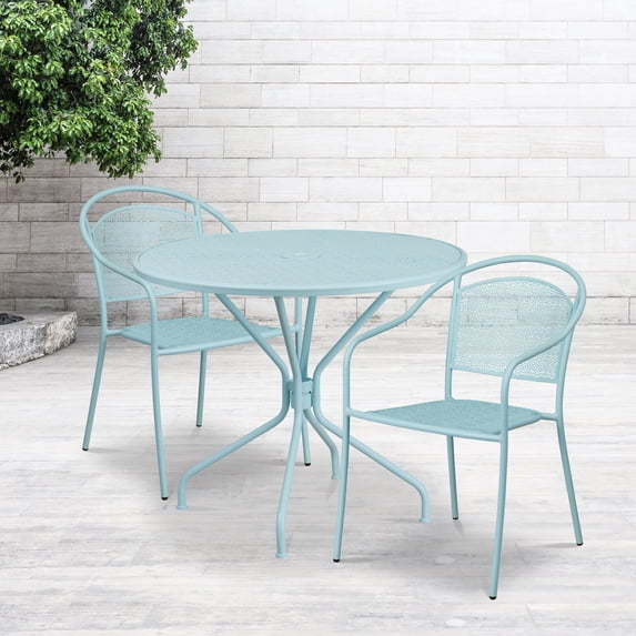 Emma + Oliver Commercial Grade 35.25" Round Sky Blue Patio Table Set-2 Round Back Chairs